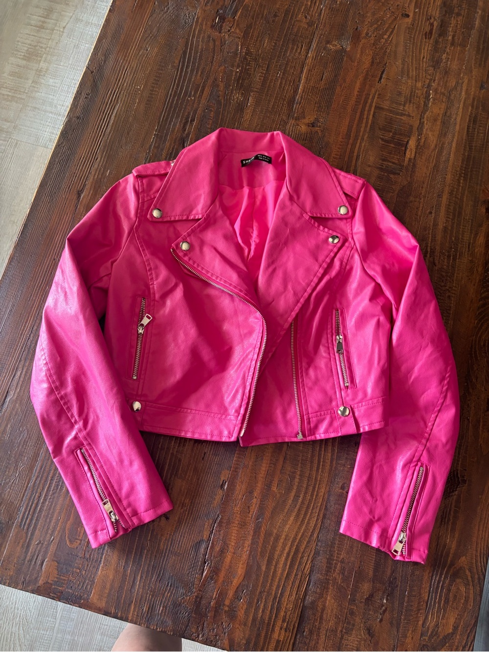 SHEIN Hot Pink Cropped Moto Leather Jacket